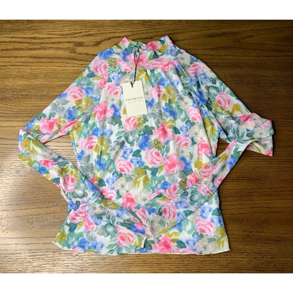 Promesa Floral Mesh Mock-Neck Long Sleeve Thumbhole Top